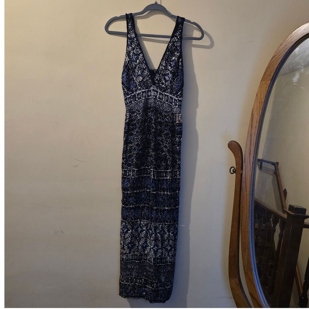 Angie Womens Blue White Batik Print Smocked Empire Waist Maxi Dress Large